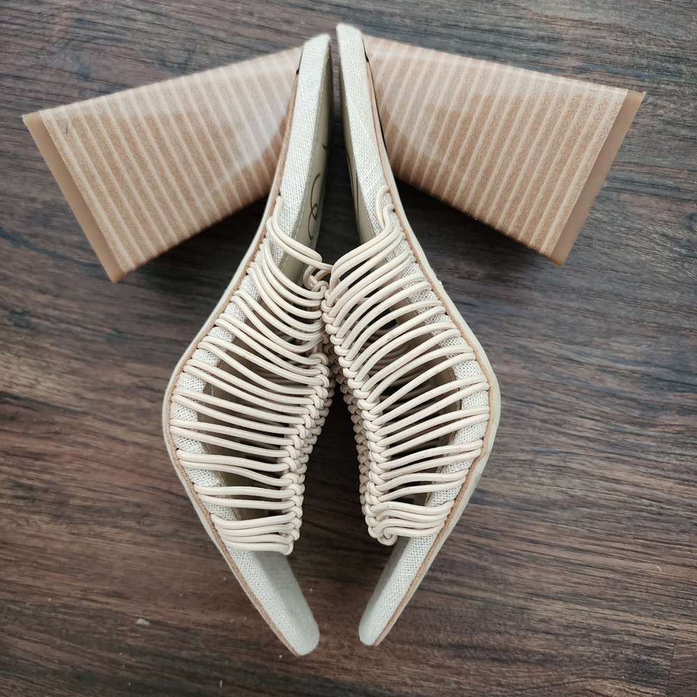 Sam Edelman Laurette Macrame Block Heel Sandals Beige Cream Square Toe Mule 5.5M - Picture 4 of 7
